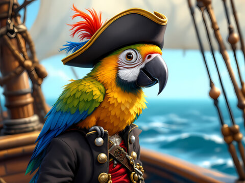 Pirate parrot character dressed in a captain's coat aboard a ship with ocean background for April Fools' Day