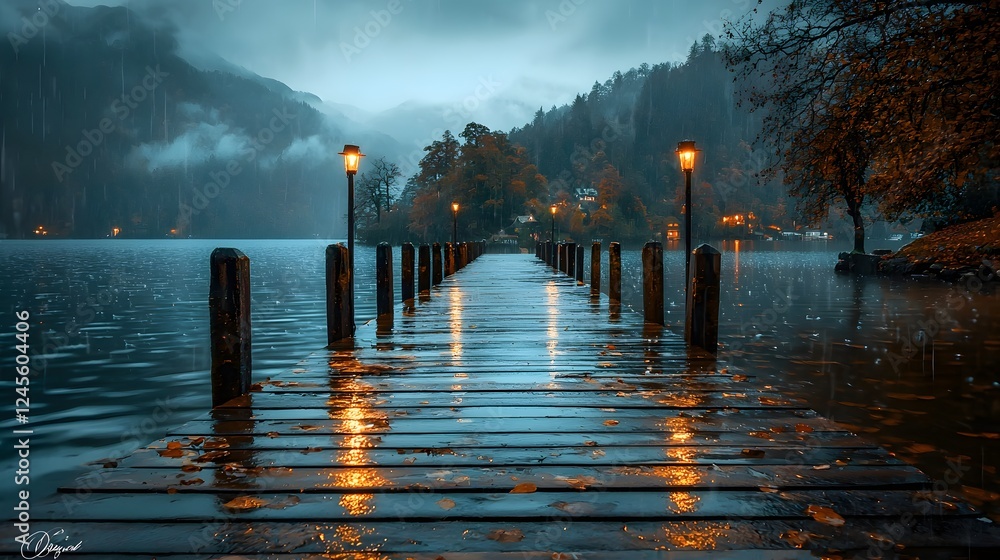 Poster peaceful and tranquil autumn scene with a wooden pier or dock extending into a calm lake the surface