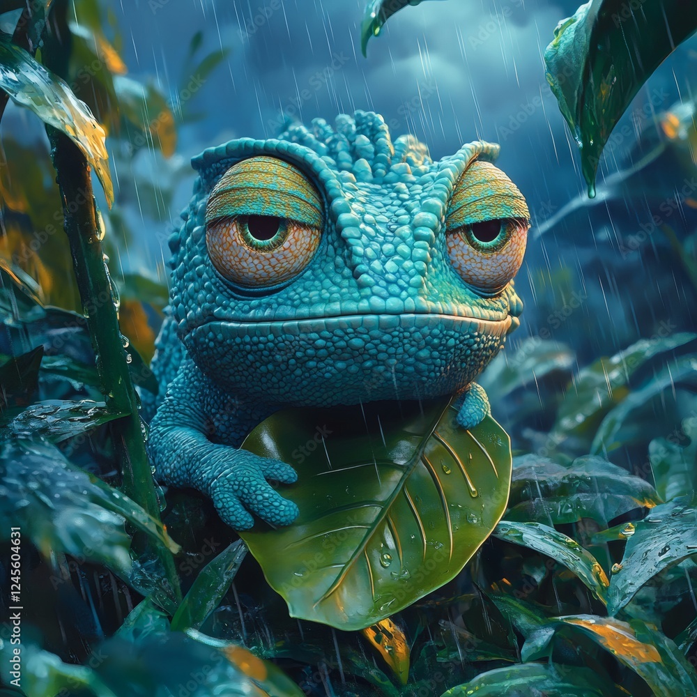 Aufkleber grumpy chameleon blends into the jungle foliage while using an oversized leaf to shield itself from 
