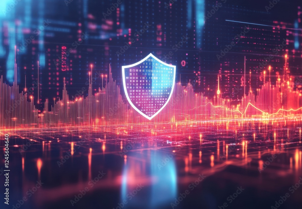 Poster data security concept with shield and digital graphs representing protection and risk management in 