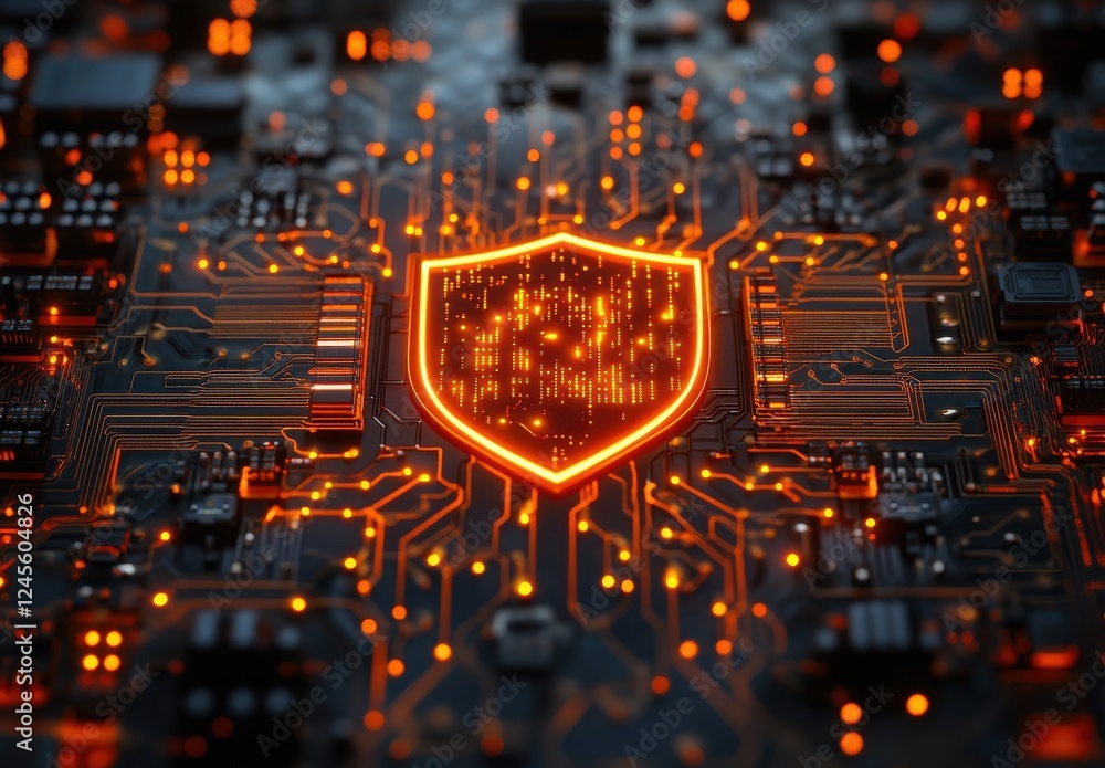 Poster digital circuit board with illuminated shield symbol representing cybersecurity, data protection, an