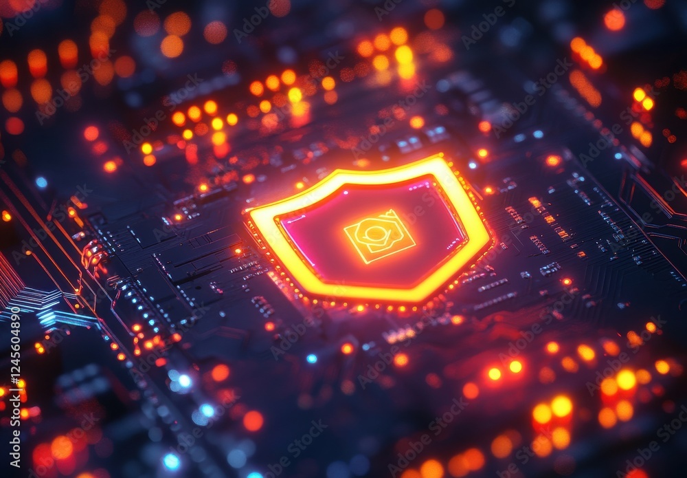 Poster digital circuit board with glowing shield symbol representing cybersecurity, data protection, secure