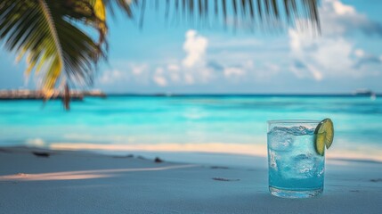 Refreshing Drink on Tropical Beach with Blue Water