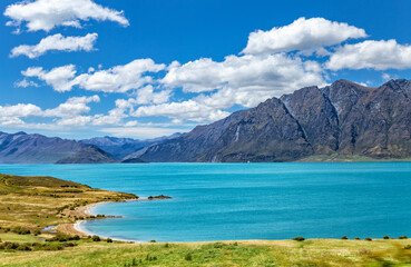 Lake Hawea and the mountains, Otago, South Island, New Zealand, Oceania.