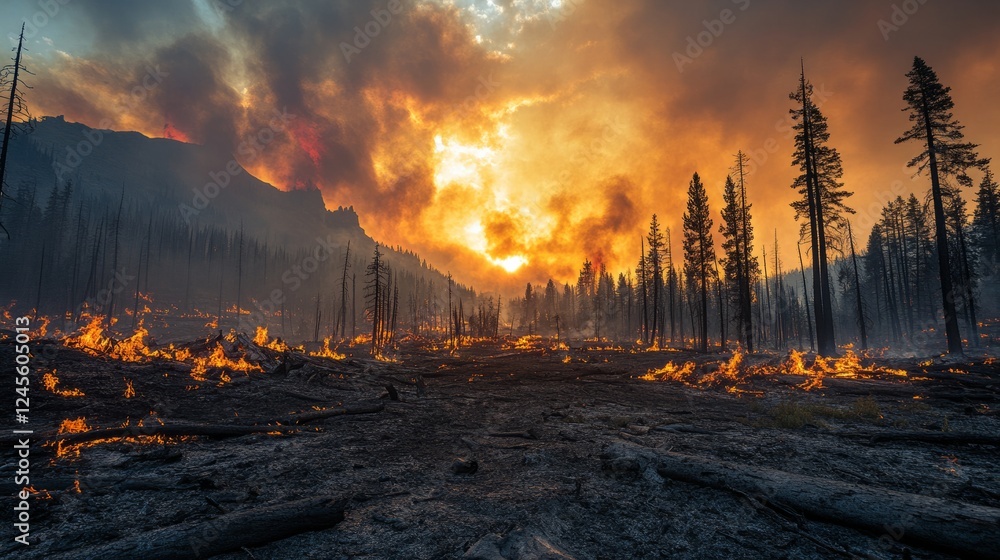 Poster a wide-angle view of a forest fire, showing its scale and devastation