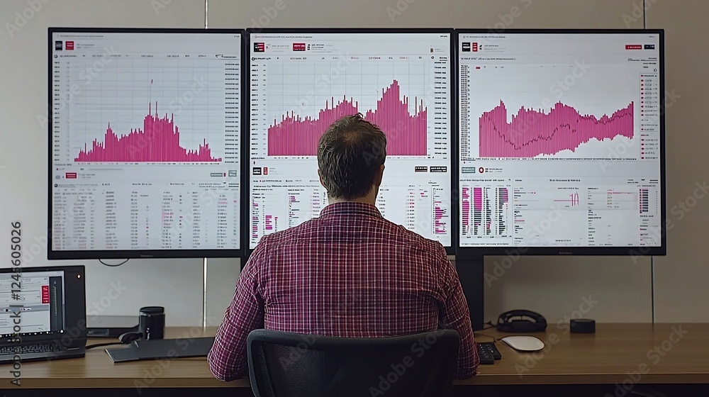 Aufkleber analyst reviewing financial data on monitors in office