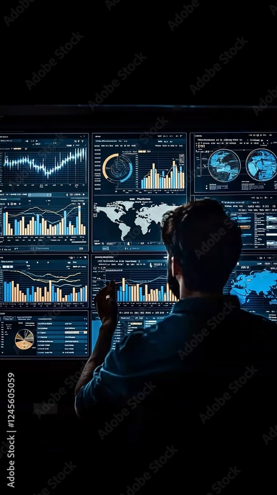 Poster analyst reviewing global market data on multiple screens