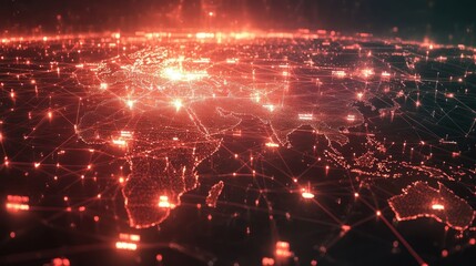 Fototapeta premium Global network data flow, red alert, digital world map, cybersecurity
