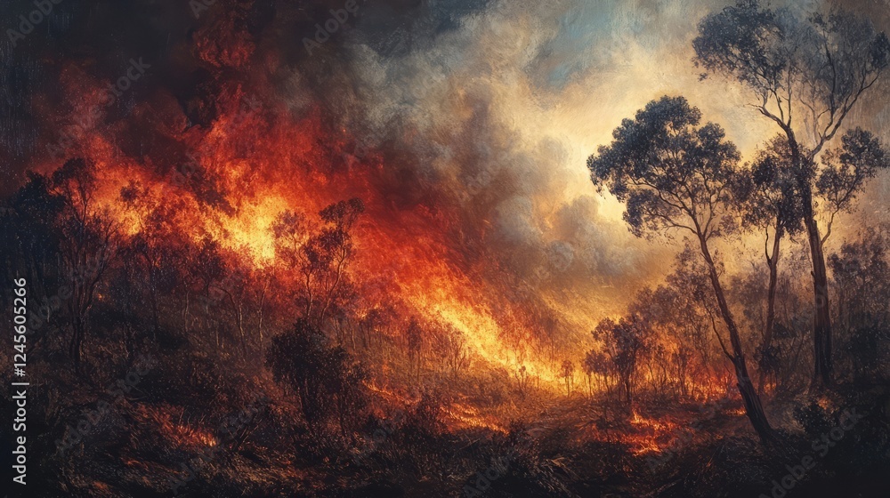 Aufkleber a wide-angle view of a forest fire, showing its scale and devastation