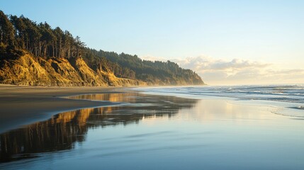 Fototapeta premium A serene beach with golden sunlight reflecting on the calm waves during late afternoon.