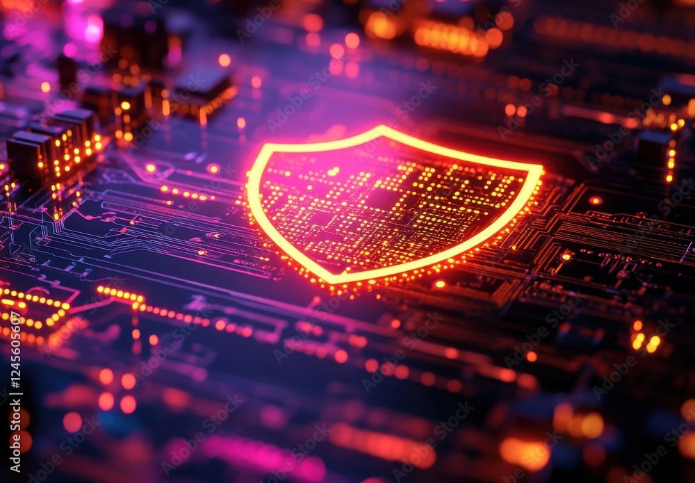 Poster digital security shield concept with bright neon colors illuminating circuit board technology and da