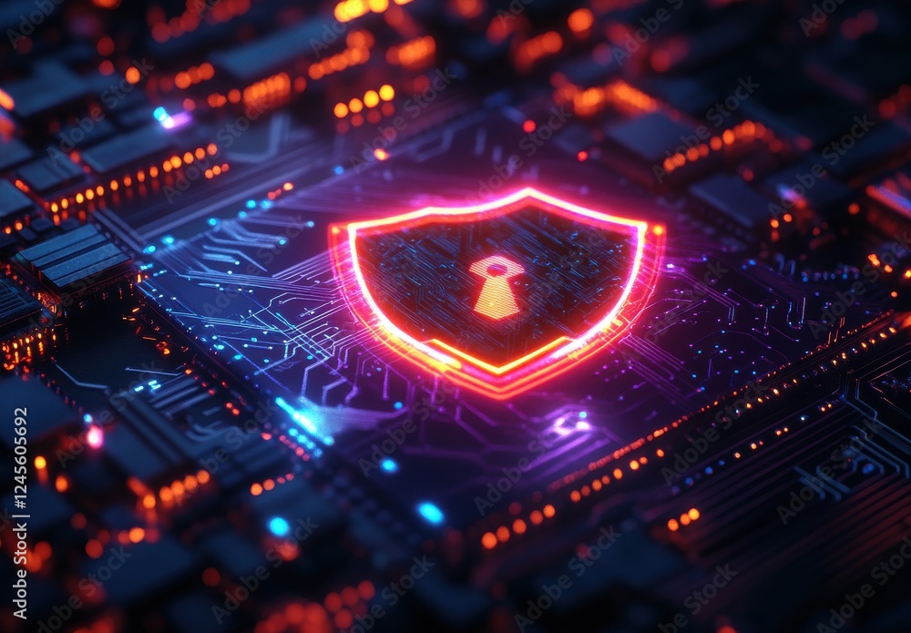Poster digital security shield concept with circuitry background, representing cyber protection and data sa