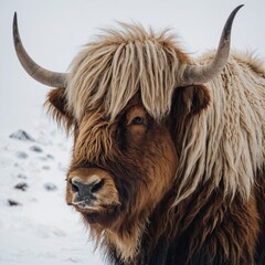 A majestic yak standing proudly on a pure white background, its thick fur detailed and textured.