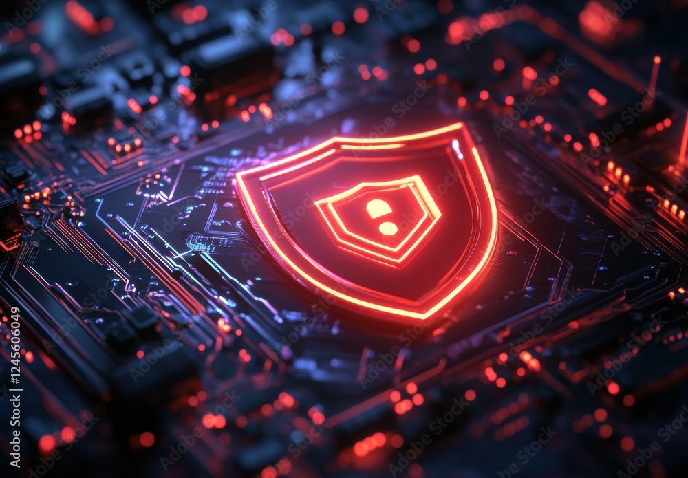 Poster digital shield symbolizing cybersecurity protection against threats on circuit board background with