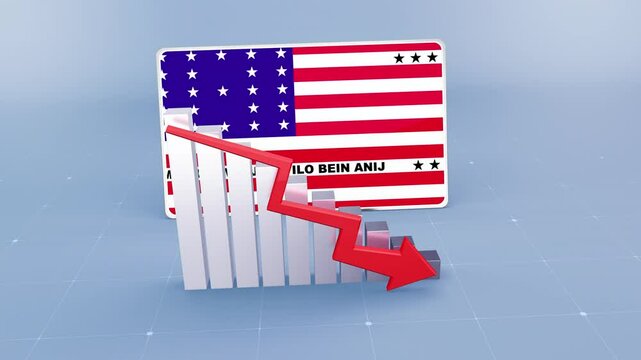Bikini Atoll country flag and bar chart graph showing decreasing values a red arrow economic crisis concept. Flag of Bikini Atoll