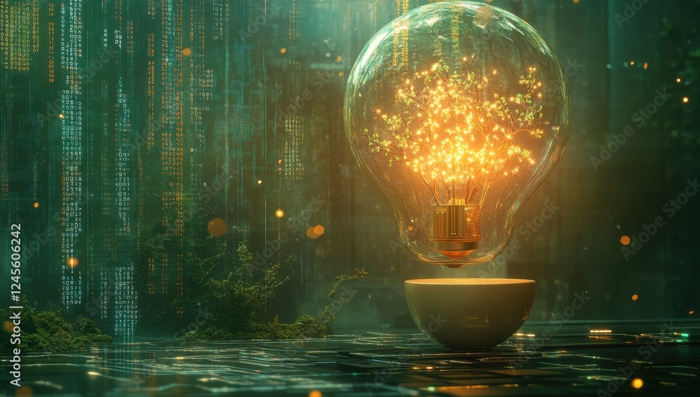 Aufkleber enchanted light bulb with glowing tree inside against background of glimmering digital codes and nat