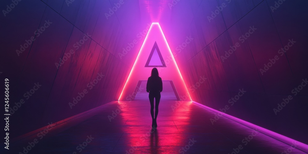 Poster Ethereal Figure Walking Through Neon Tunnel with Illuminated Triangle Shapes in Dark Atmosphere for Futuristic and Abstract Concepts