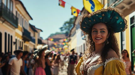 A lively parade to celebrate Tiradentes Day in Brazil, people dressed in 18th century style, the streets of the historic city of Ouro Preto are filled with colorful decorat, Ai generated images