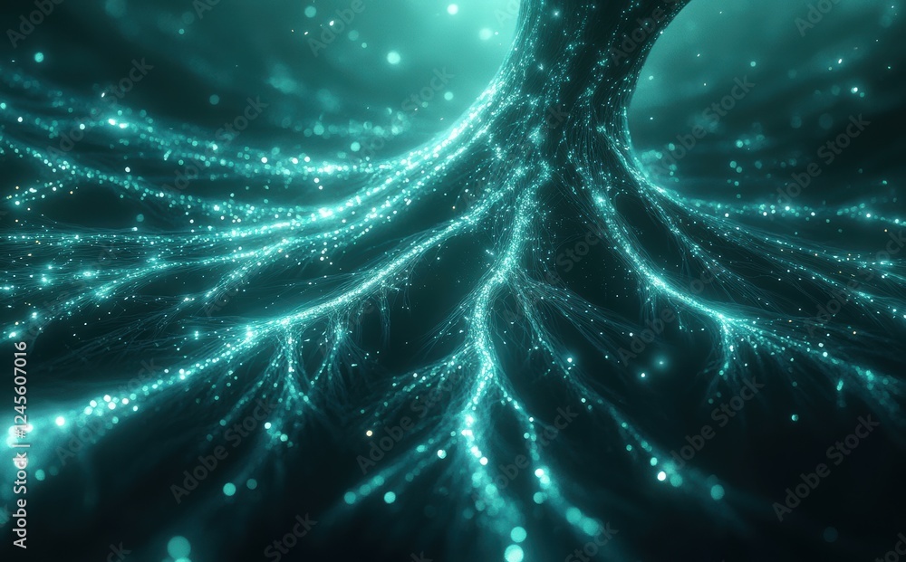 Poster ethereal glowing tree roots illuminated with sparkling light in a digital fantasy realm
