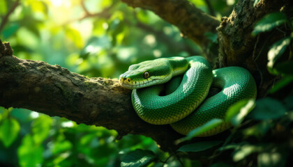 Fototapeta premium Green Tree Python in Lush Rainforest Setting