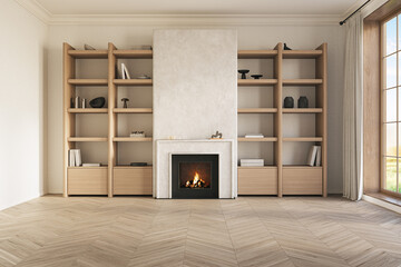 An inviting interior with wooden shelves and fireplace at the center. Modern design solution, 3d...