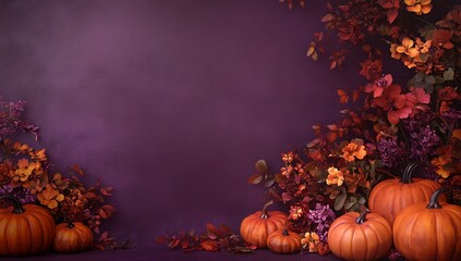 Autumn's Embrace Pumpkins and Fall Foliage on a Deep Purple Backdrop