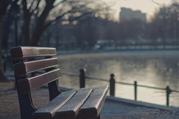Serene Park Bench Overlooking Calm Lake on a Quiet Morning