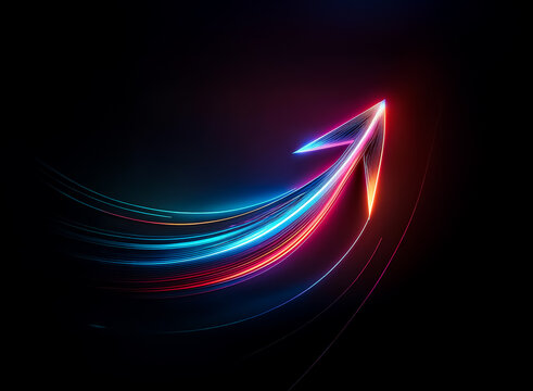 A vibrant arrow with glowing red and orange hues streaks upwards against a dark backdrop, leaving trails of blue and red light.