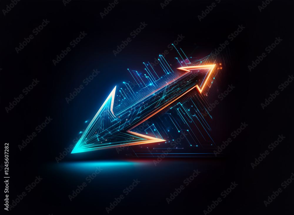 Poster glowing arrow points up-right with a digital design. blue and orange neon lines create a futuristic 