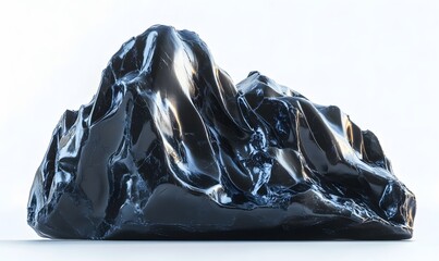 Black glossy rock formation, studio shot, white background, abstract art, design element
