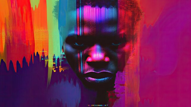 Vibrant abstract portrait showcasing diverse hues of color with a compelling expression