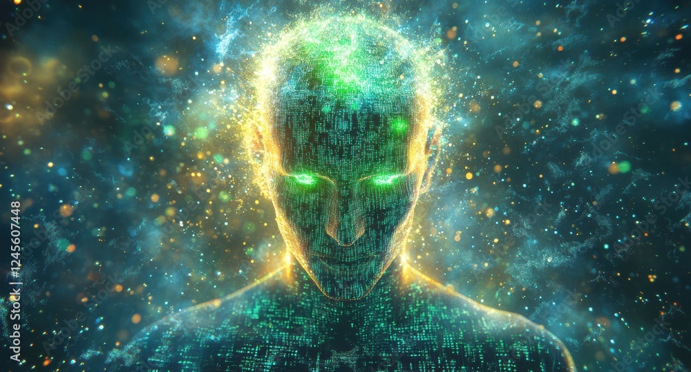 Poster ethereal presence of a digital human surrounded by glowing data streams and vibrant cosmic elements 