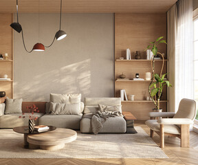 A stylish, inviting interior with warm neutral tones, sleek contemporary furniture and wooden...