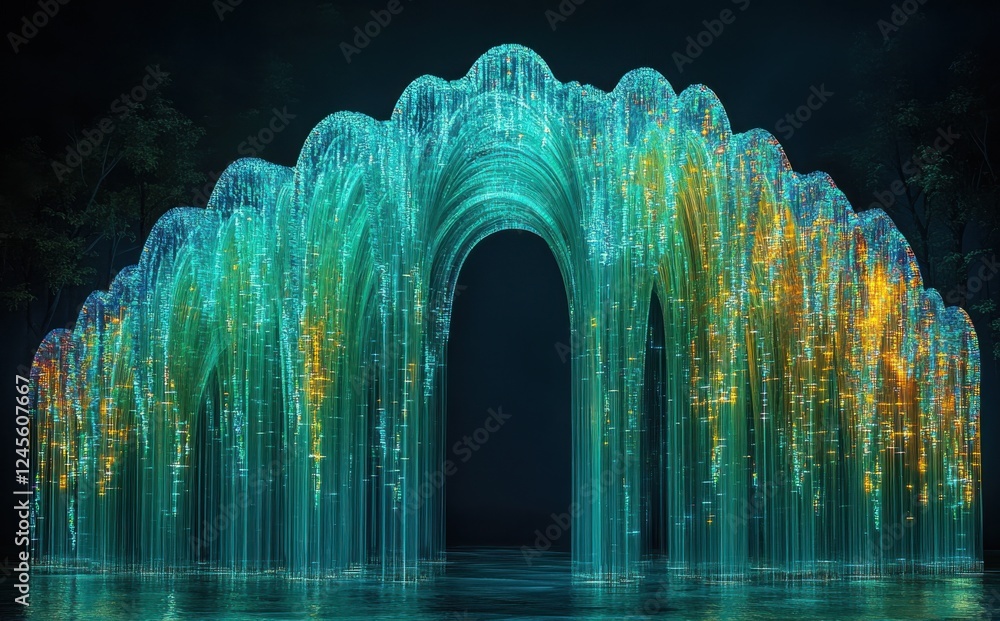 Poster ethereal waterfall structure with illuminated patterns and reflections in a mystic environment at ni