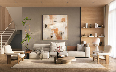 A stylish, inviting interior with warm neutral tones, sleek contemporary furniture and wooden shelving, 3d rendering
