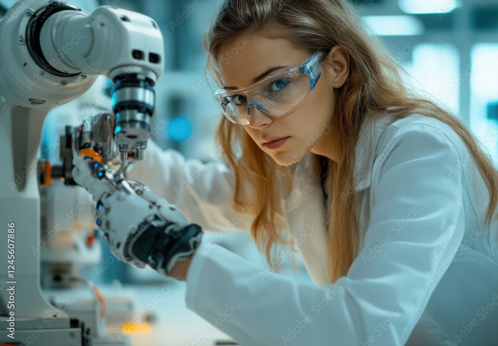 Poster female scientist working on robotic arm in laboratory with advanced technology and precision tools f