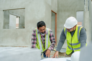 Architect and engineer wearing safety helmets and reflective vests reviewing blueprints at...