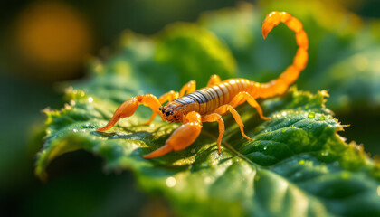 Stunning Yellow Scorpion on Green Leaf Macro Photography