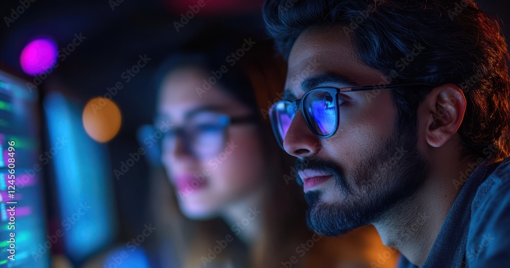 Aufkleber focused young male programmer working on coding project while female colleague analyzes data on comp