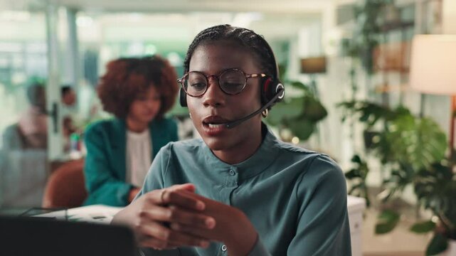 Conversation, virtual assistant and woman with headset in office for administrative support with crm. Communication, audio tech and business coordinator with online customer service in workplace.