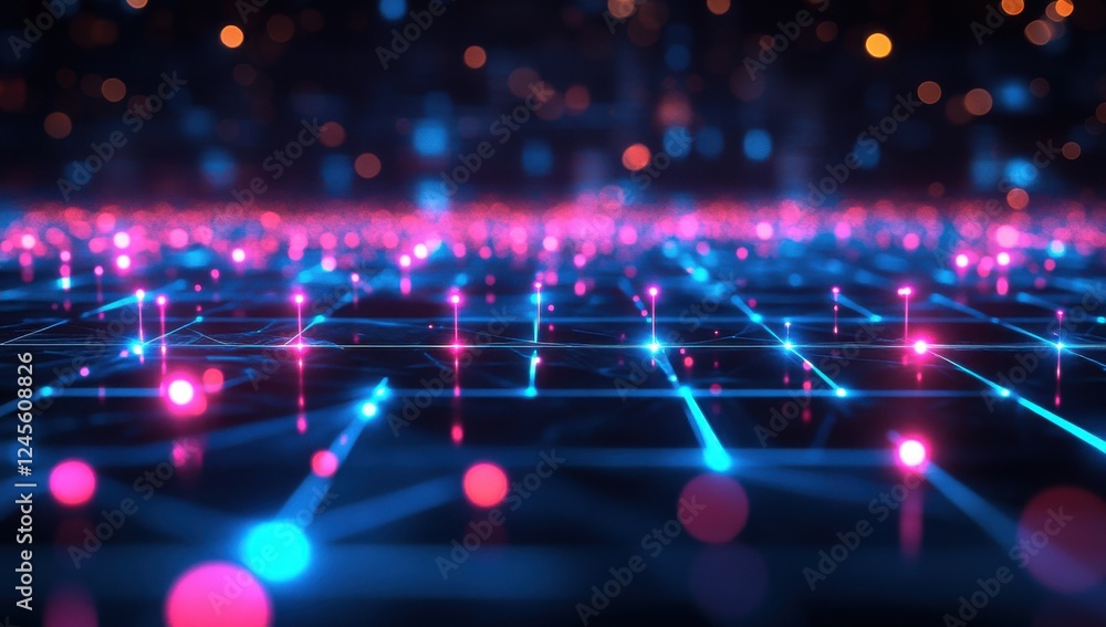 Poster futuristic abstract background with neon lights and digital grid representing technology, data, and 
