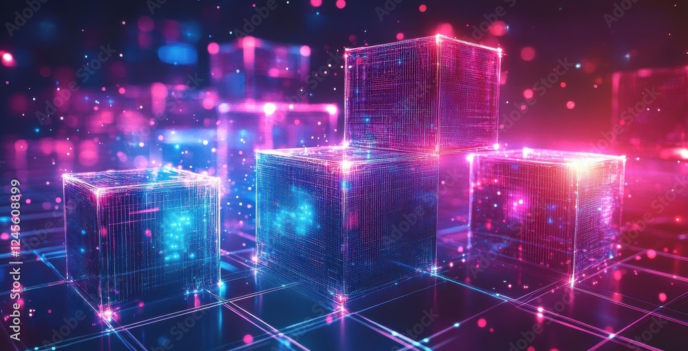 Poster futuristic abstract cubes in neon glow with glowing particles and grid background in a dark virtual 