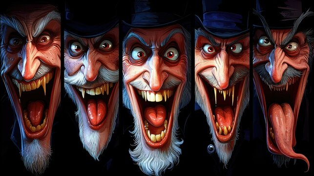 Five grotesque vampire faces with top hats are shown