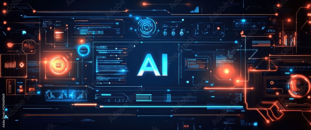 Poster futuristic abstract digital interface with ai technology concept in neon colors representing innovat