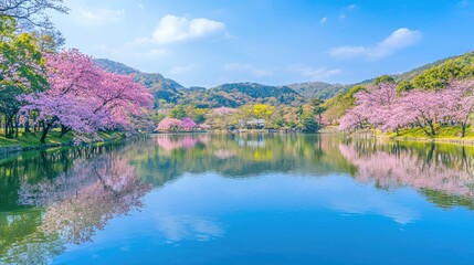 A serene park filled with vibrant pink Japanese cherry blossoms in full bloom under a clear blue sky.