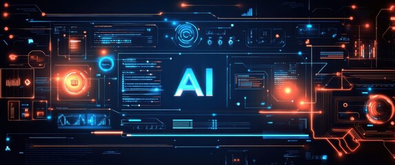 Obraz premium Futuristic Abstract Digital Interface with AI Technology Concept in Neon Colors Representing Innovation and Advanced Computing Systems
