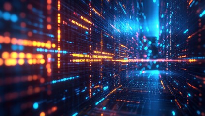 Obraz premium Futuristic Abstract Digital Data Stream with Glowing Lights and Vivid Colors in a High-Tech Environment of Technology and Innovation