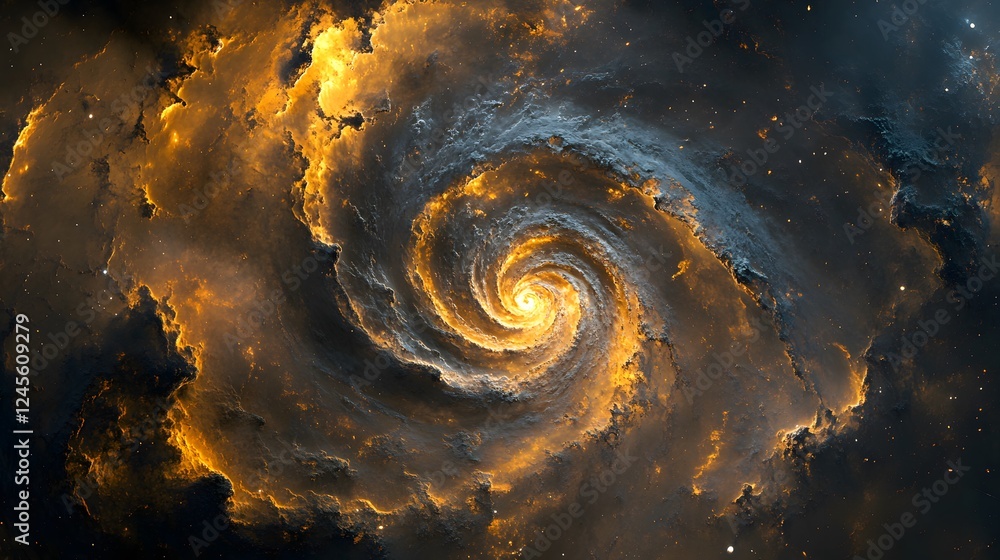 Poster spiral shaped object in vibrant colors within a beautiful nebula formation in deep space