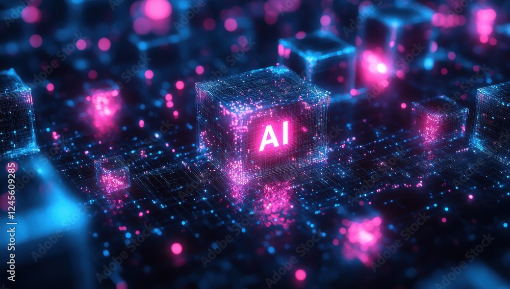 Poster futuristic abstract representation of artificial intelligence technology with glowing blocks and vib