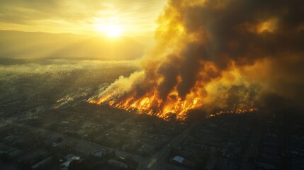 Obraz premium Aerial image of a massive fire in a metropolitan area, smoke rising into a hazy sky 